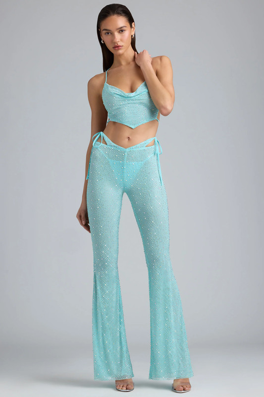 Petite Embellished Cut-Out Flared Trousers in Ice Blue - UK Size:18